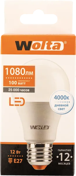 Изображение Лампочка 12Вт E27 4000К Вольта светодиодная груша Вольта к/у, 1 шт