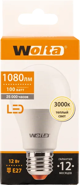 Изображение Лампочка 12Вт E27 3000К Вольта светодиодная груша Вольта к/у, 1 шт