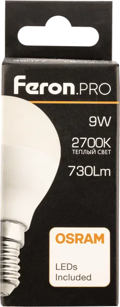 Изображение Лампочка 9Вт Е14 2700К 2К Ферон Про светодиодная шар матовая Ферон к/у, 1 шт