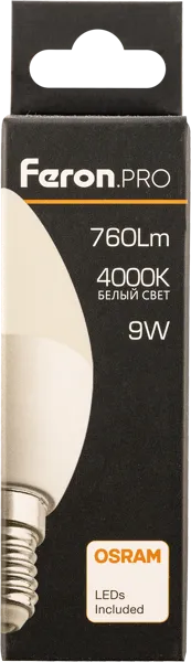 Изображение Лампочка 9Вт Е14 4000К 4К Ферон Про светодиодная свеча матова Ферон к/у, 1 шт