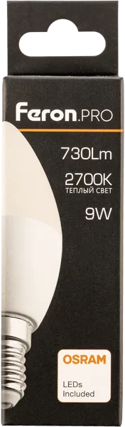 Изображение Лампочка 9Вт Е14 2700К 2К Ферон Про светодиодная свеча матова Ферон к/у, 1 шт