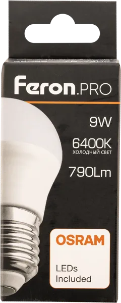 Изображение Лампочка 9Вт Е27 6400К 6К Ферон Про светодиодная шар матовая Ферон к/у, 1 шт