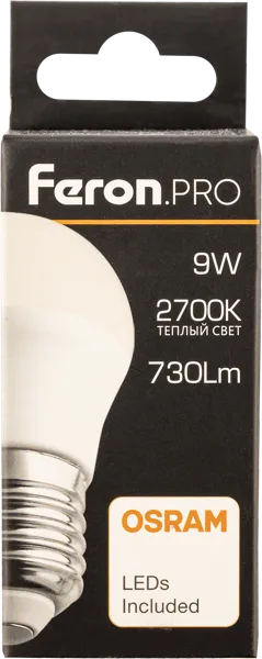 Изображение Лампочка 9Вт Е27 2700К 2К Ферон Про светодиодная шар матовая Ферон к/у, 1 шт