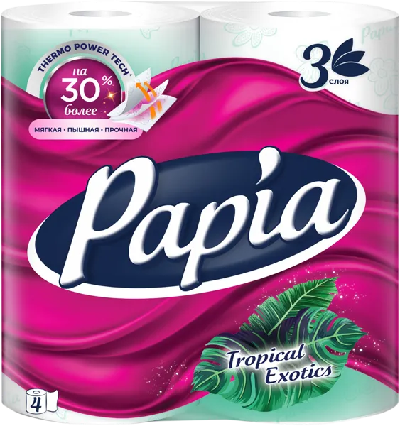 Изображение Туалетная бумага 3х слойная Папия троп экзотика 1120 листов Хаят Маркетинг м/у, 4 шт