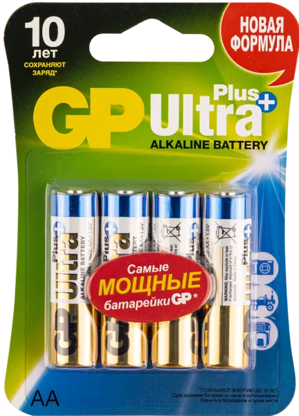 Изображение Батарейка АА ЛР6 1,5 вольт ДжиПи ультра плюс алкаин ДжиПи к/у, 4 шт