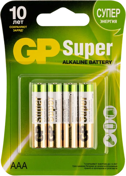 Изображение Батарейка ААА ЛР03 1,5 вольт ДжиПи супер алкаин ДжиПи к/у, 4 шт
