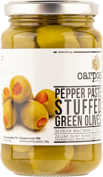 Изображение Оливки с пастой из перца Карпос зеленые Халкидики 121/140 Хигас Георгиадис с/б, 355 г