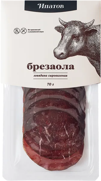 Изображение Мясо говяжье сыровяленое нарезка Ипатов брезаола Суворово ООО в/у, 70 г