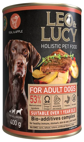 Изображение Консервы для собак Лео Люси паштет телятина яблоко Петкорм ж/б, 400 г