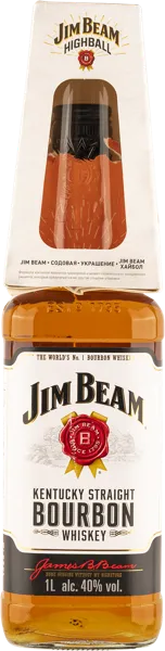 Изображение Виски бурбон Джим Бим белый 4 года + стакан Джим Бим с/б, 1 л