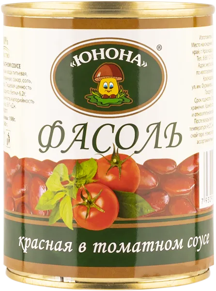 Изображение Фасоль красная Юнона в томатном соусе Юнона Инвест ж/б, 360 г