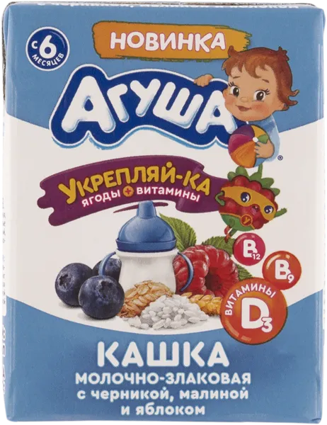 Изображение Каша с 6 мес с молоком Агуша черника малина яблоко ВБД т/п, 200 г