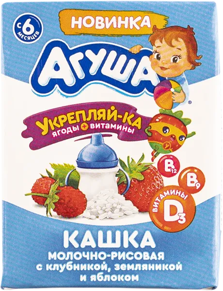 Изображение Каша с 6 мес с молоком Агуша клубника земляника яблоко ВБД т/п, 200 г