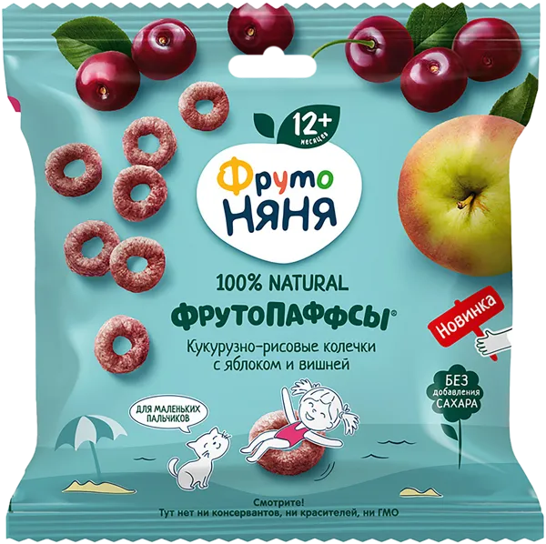 Изображение Готовый завтрак кукурузно-рис Фрутоняня паффсы яблоко вишня Прогресс м/у, 21 г