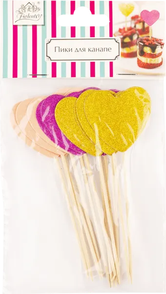 Изображение Шпажки для канапе Фиоленто сердечки розовые золото Оверсиз компани м/у, 12 шт
