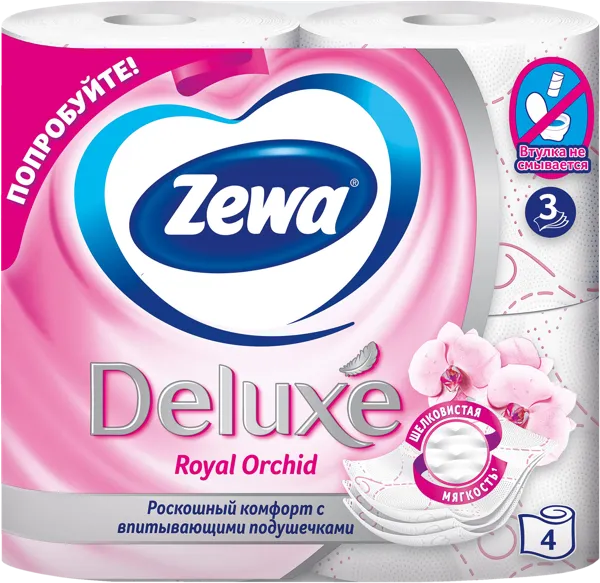 Изображение Туалетная бумага 3х слойная Зева делюкс орхидея 600 листов ЭвоКом м/у, 4 шт
