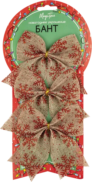 Изображение Бант джутовый Мэджик Тайм с красными снежинками Феникс Презент к/у, 3 шт
