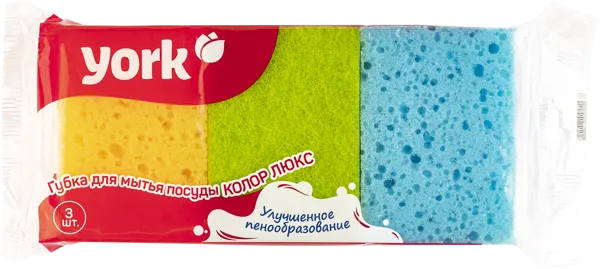 Изображение Губка для посуды Йорк колор люкс поролон Йорк м/у, 3 шт