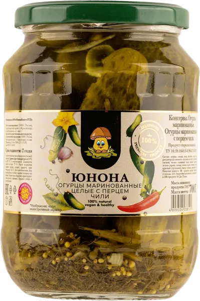 Изображение Огурцы маринованные Юнона 6-9см с перцем чили Юнона Инвест с/б, 700 г