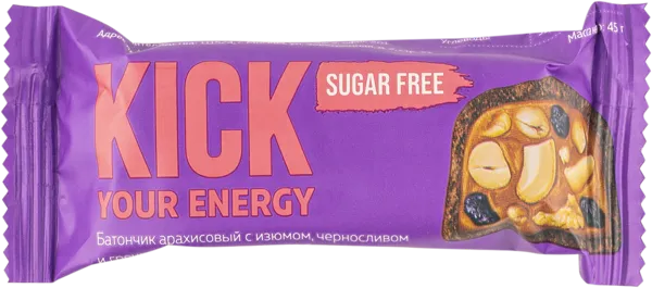 Изображение Батончик арахисовый Кик без сахара изюм чернослив грецк орех Фуд Рев ПК кор, 45 г