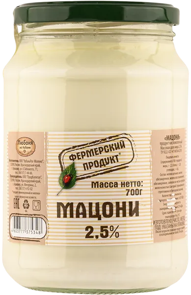 Изображение Мацони 2,5% Фермерский продукт Кубарус с/б, 700 мл