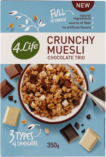 Изображение Мюсли цельнозерновые овсяные 4 Лайф трио шоколад Могадор кор, 350 г