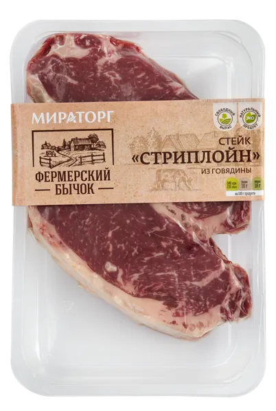 Изображение Мясо охлаждённое Стейк Стриплойн из фермерского бычка Брянская МК в/у, 500 г