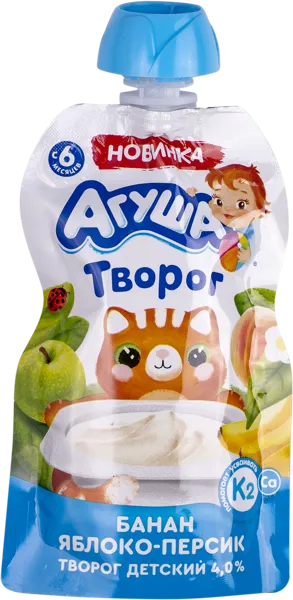 Изображение Творог 4% с 6 мес Агуша банан яблоко персик ВБД пауч, 80 г