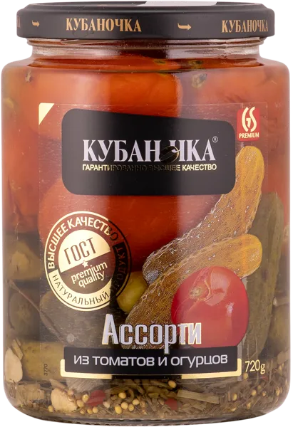 Изображение Ассорти овощное маринованное Кубаночка огурцы томаты Гранд Стар с/б, 720 г
