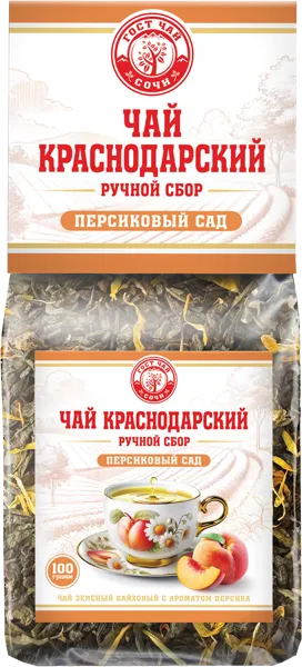 Изображение Чай зеленый Краснодарский ГОСТ персиковый сад ручной сбо Гост Чай м/у, 100 г
