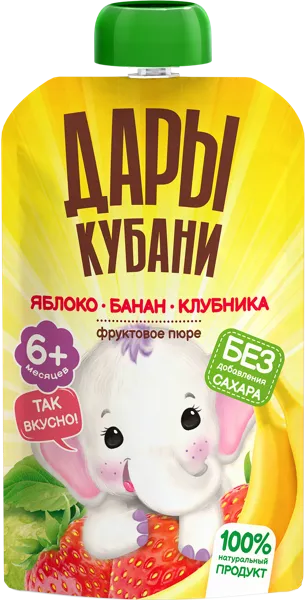 Изображение Пюре фруктовое с 6 месяцев Дары Кубани яблоко банан клубника Южная Соковая Компания пауч, 90 г