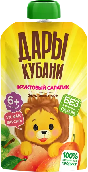 Изображение Пюре фруктовое с 6 месяцев Дары Кубани фруктовый Салатик Южная Соковая Компания пауч, 90 г
