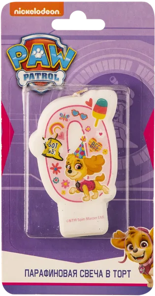 Изображение Свеча для торта розовая Щенячий патруль цифра 0 с героем НД Плэй п/у, 1 шт