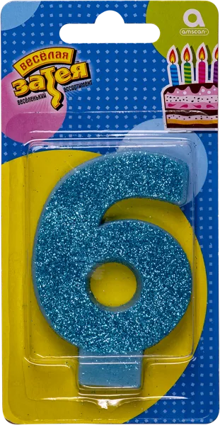 Изображение Свеча 8см для торта голубая Веселая затея цифра 6 с глиттером Веселая затея п/у, 1 шт