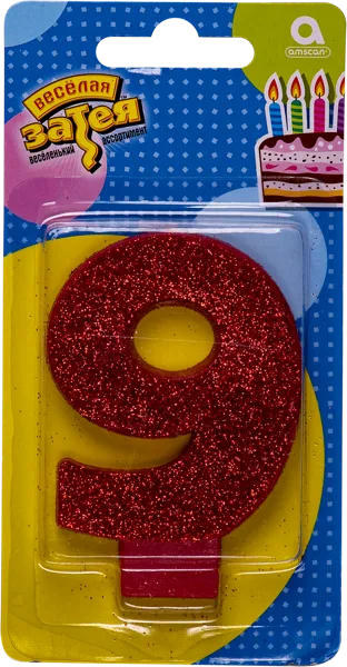 Изображение Свеча 8см для торта красная Веселая затея цифра 9 с глиттером Веселая затея п/у, 1 шт