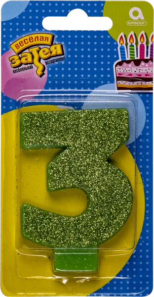 Изображение Свеча 8см для торта зеленая Веселая затея цифра 3 с глиттером Веселая затея п/у, 1 шт