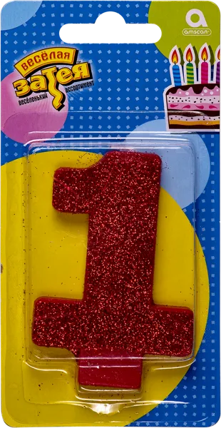 Изображение Свеча для торта красная Веселая затея цифра 1 с глиттером Веселая затея п/у, 1 шт
