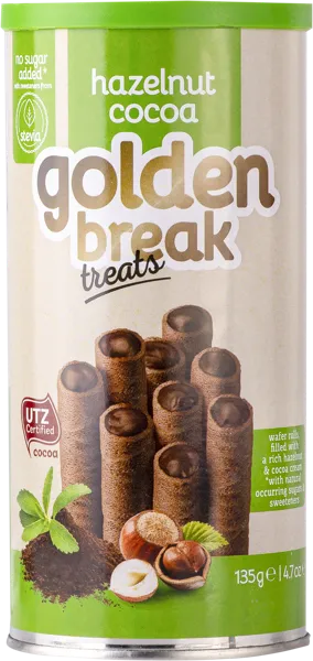 Изображение Вафельные трубочки без сахара Голден Брэйк Тритс лесной орех какао Квартет ж/б, 135 г