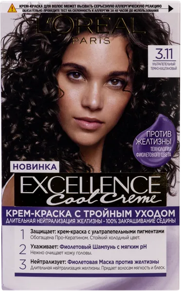 Изображение Краска для волос Экселланс кул темный каштан №3.11 Лореаль к/у, 1 шт