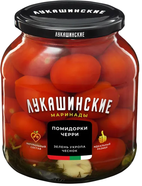 Изображение Томаты маринованные Лукашинские черри с зеленью чесноком МКЗ с/б, 670 г