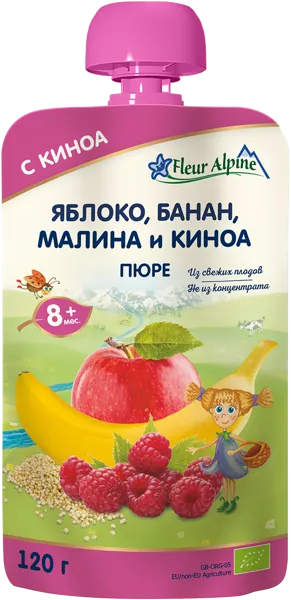 Изображение Пюре фруктовое с 8 мес Флер Альпин БИО киноа яблоко банан малина Нэйчерал Фрут энд Бэверидж пауч, 12