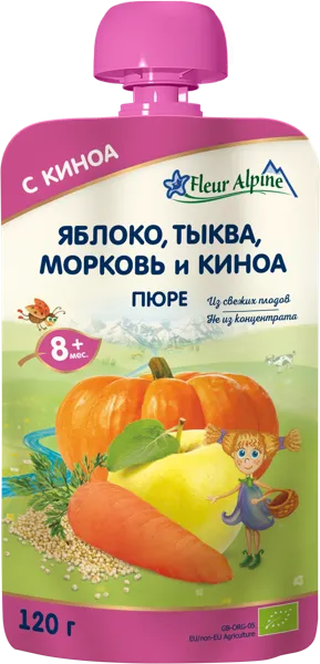 Изображение Пюре фруктовое с 8 мес Флер Альпин БИО киноа яблоко тыква морков Нэйчерал Фрут энд Бэверидж пауч, 12