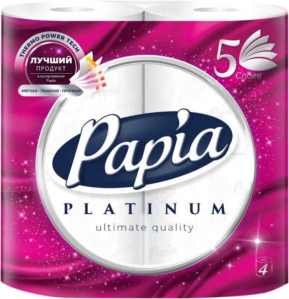 Изображение Туалетная бумага 5ти слойная Папия платинум белая 110 листов Хаят Кимья ООО м/у, 4 шт