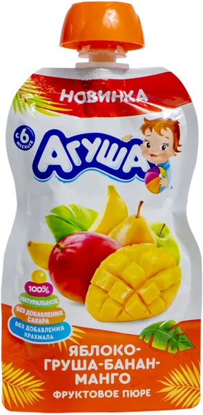 Изображение Пюре фруктовое с 6 мес Агуша груша банан манго ВБД пауч, 90 г