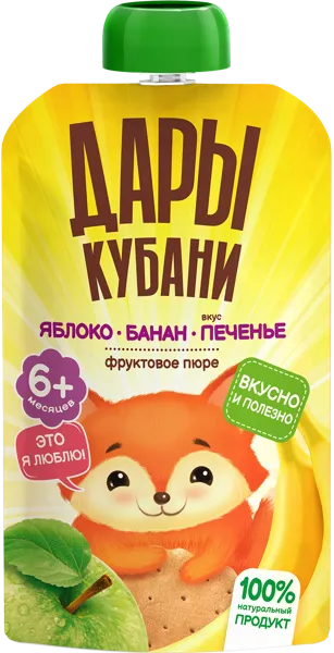 Изображение Пюре фруктовое с 6 месяцев Дары Кубани яблоко банан печенье Южная Соковая Компания пауч, 90 г