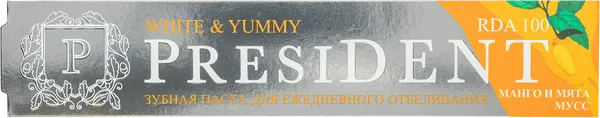 Изображение Зубная паста от налета Президент Вайт Ямми манго-мусс мята Зеленая дубрава ЗАО к/у, 75 мл