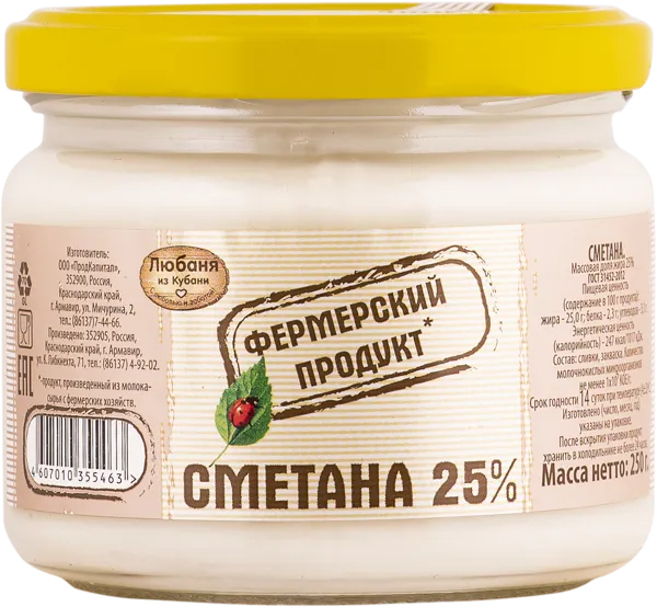 Изображение Сметана 25% Фермерский продукт КубаньРус-Молоко с/б, 250 г