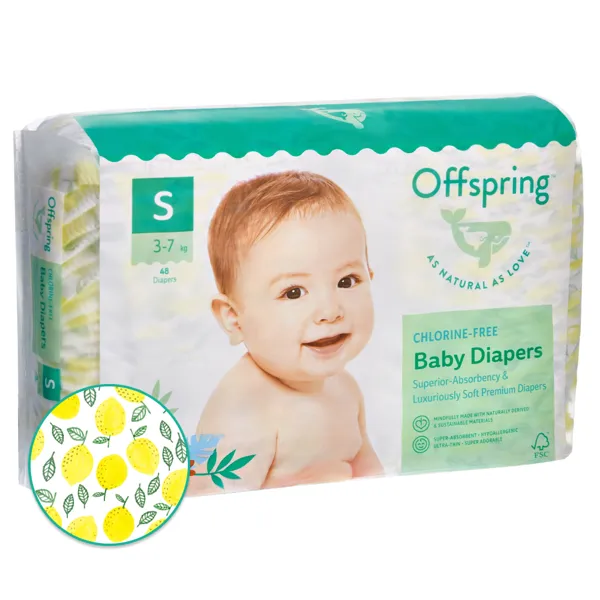 Изображение Подгузники S 3-7кг Оффспринг лимоны ананасы Фуджиан Блю м/у, 48 шт