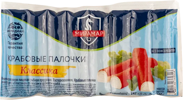 Изображение Продукция из сурими охлажд. Мирамар крабовые палочки классика Меридиан ПКП в/у, 200 г