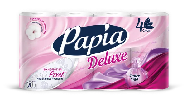 Изображение Туалетная бумага 4-х слойная Папия делюкс дольче вита 1120 листов Хаят Маркетинг м/у, 8 шт